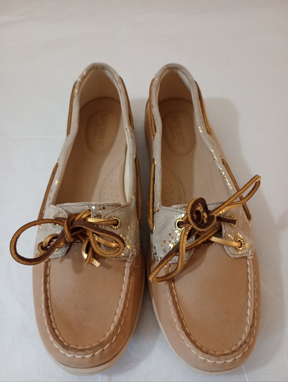 Sperry Women's Tan Gold Sparkle Boat Shoes Flats Loafers Size 8.5